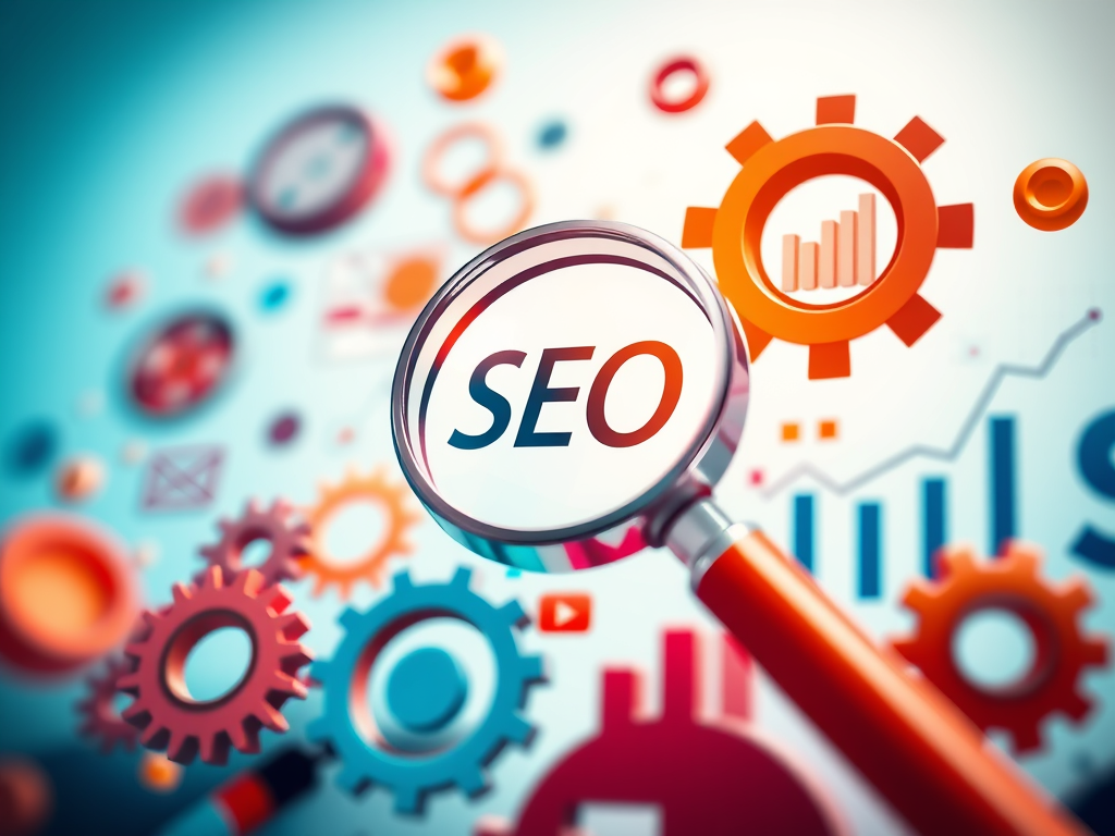 A magnifying glass focusing on the word 'SEO' surrounded by various graphical elements like gears and charts.